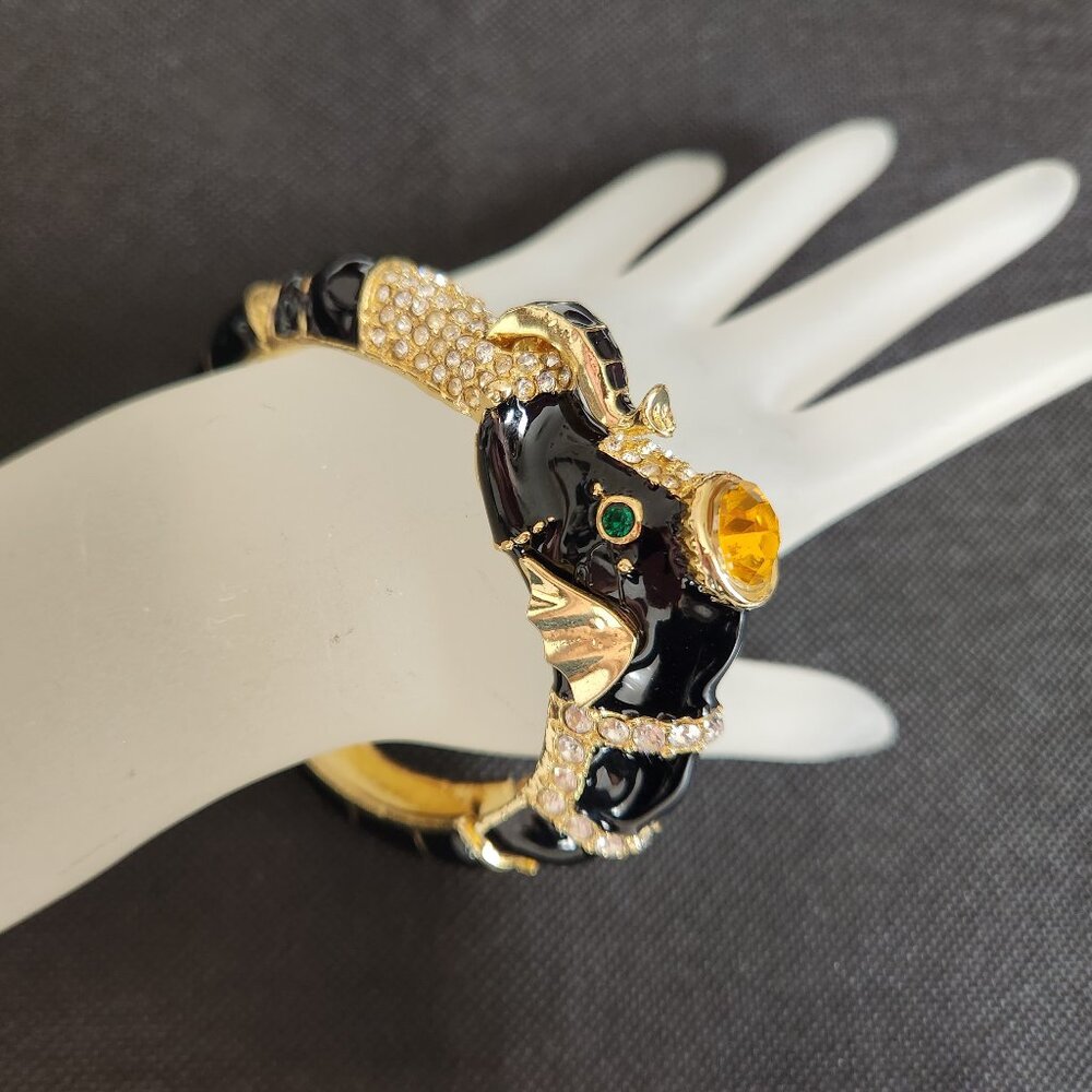 VINTAGE ELEPHANT BLACK ENEMEL BRACELET WITH MULTICOLORED STONES